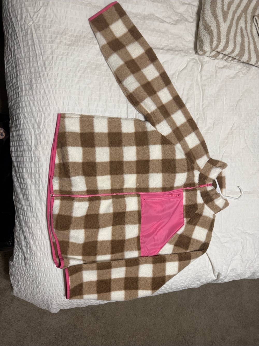 J. Crew Factory Brown and White Check Teddy Jacket with Pink Trim